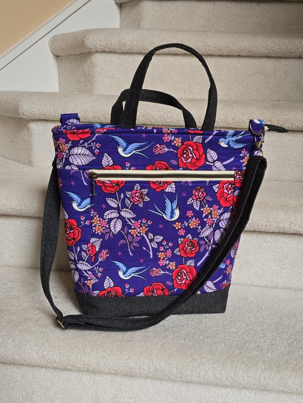 Handmade Floral Purple Crossbody Tote Bag with Birds